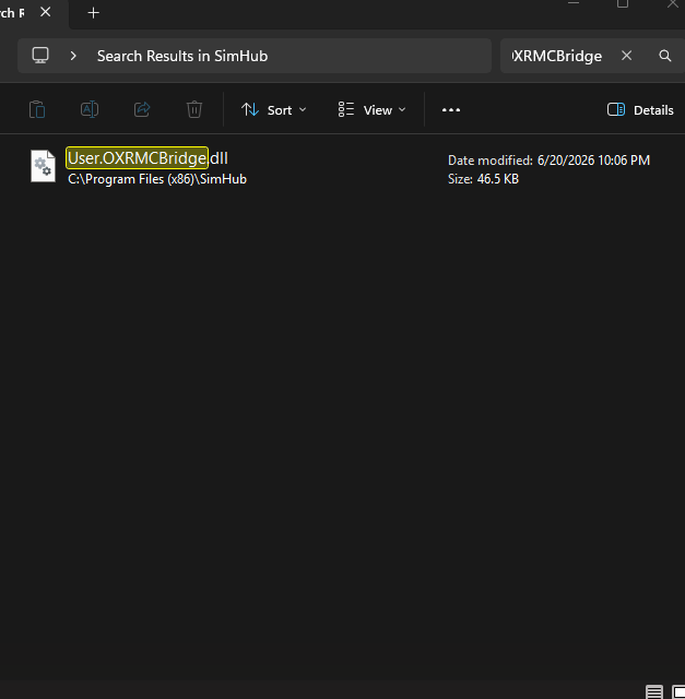 Windows Explorer showing User.OXRMCBridge.dll in the SimHub install folder