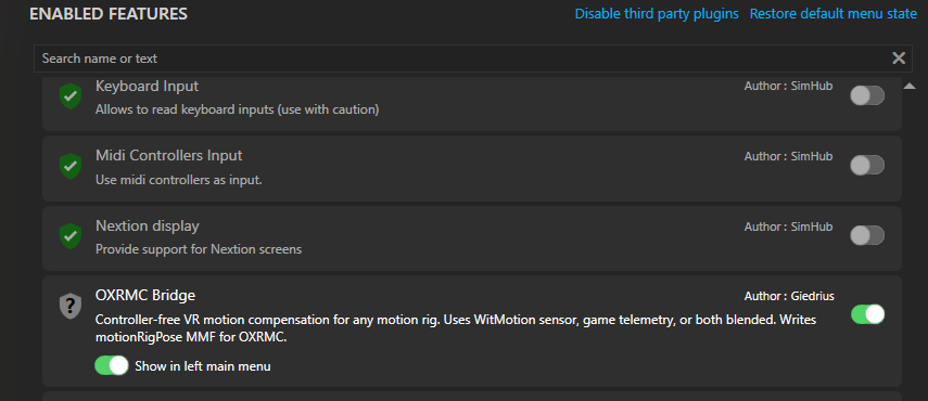 SimHub's Add/remove features dialog with OXRMC Bridge enabled