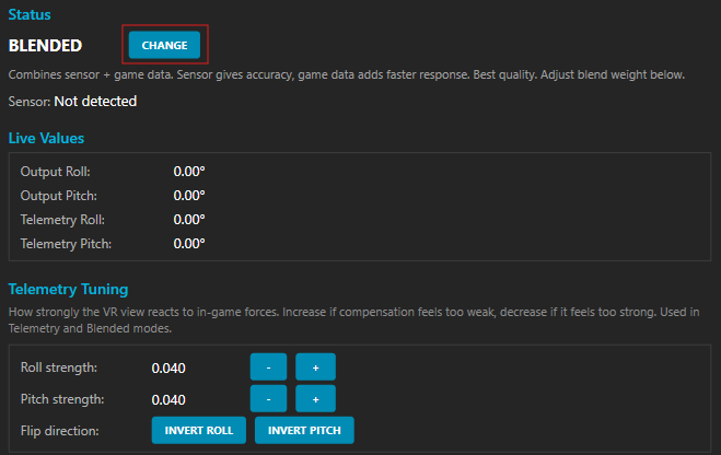 The plugin Status section showing the mode and live roll/pitch values