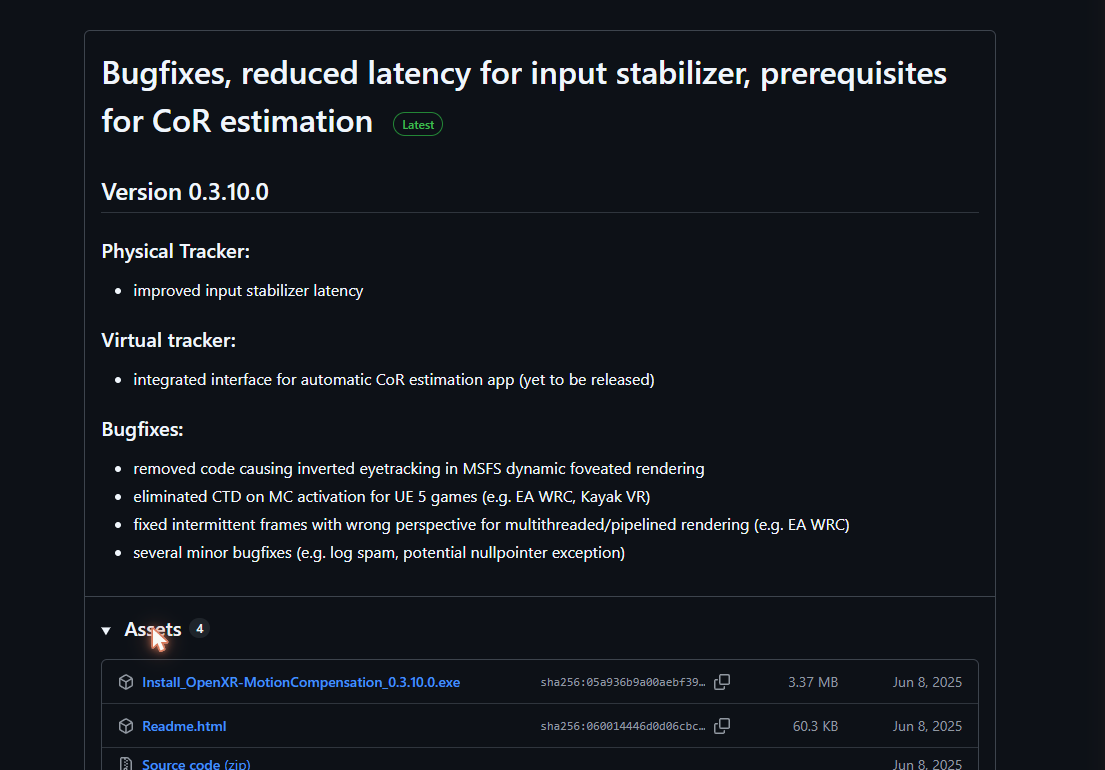 OXRMC GitHub releases page showing the Install .exe asset