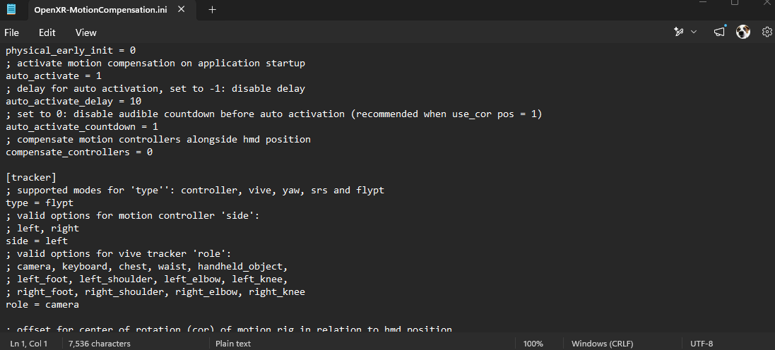 OXRMC config .ini showing tracker type = flypt and auto_activate = 1