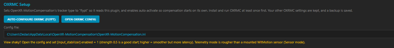 The plugin's OXRMC Setup section with the Auto-configure button and config path