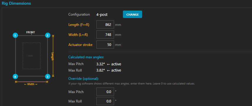 The Rig Dimensions panel with the post diagram and length, width and stroke inputs