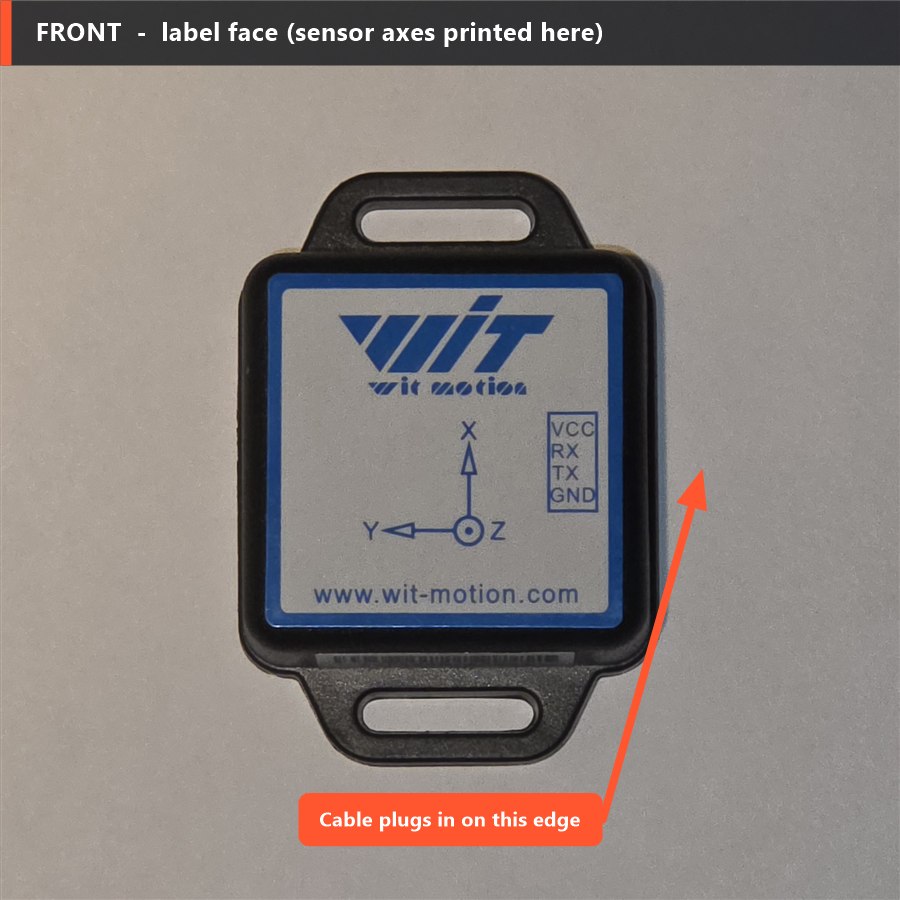 WitMotion sensor front label face with printed X Y Z axes and the connector edge marked